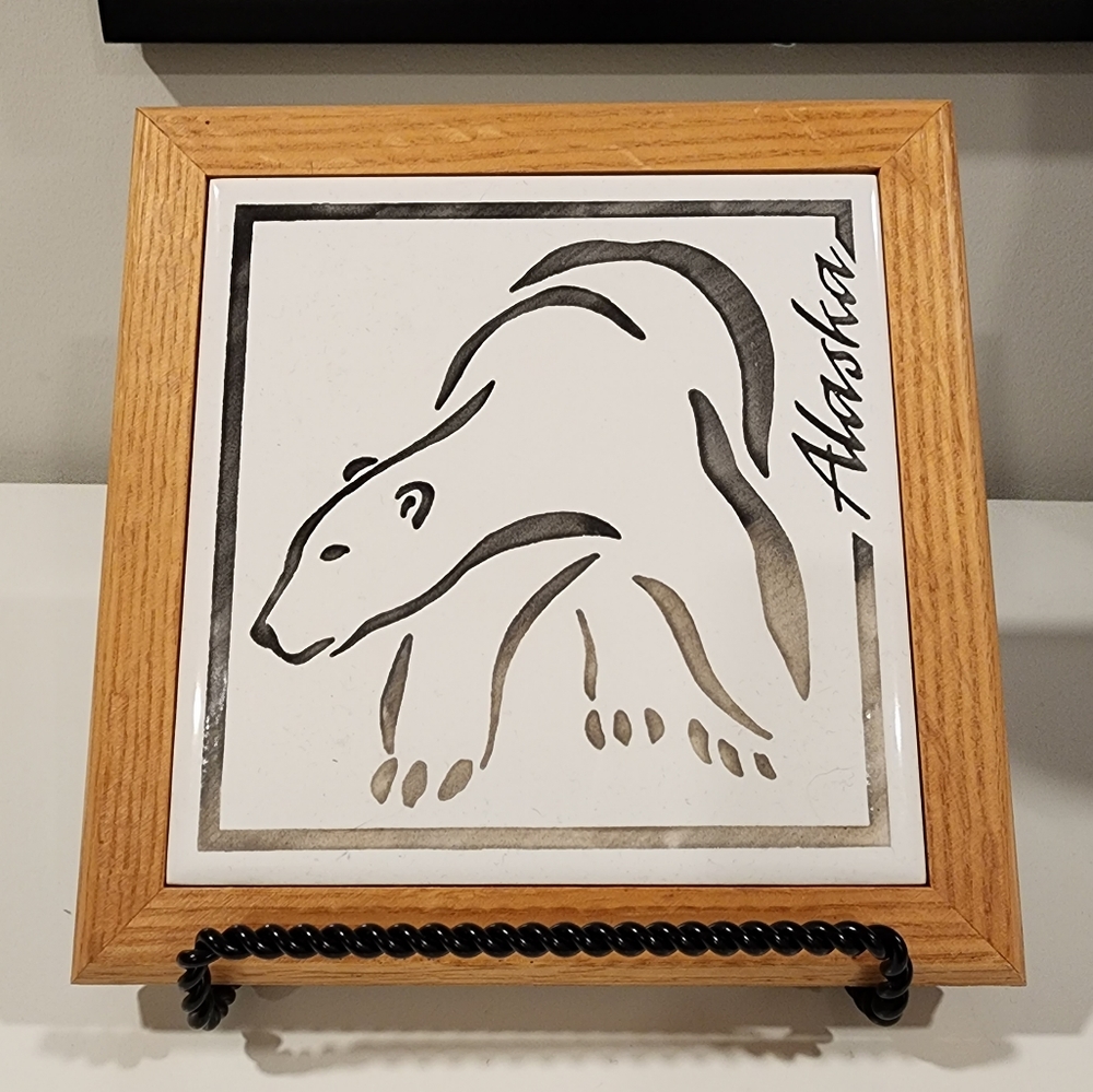 Brecht Polar Bear Alaska Sandblasted Porcelain Framed Handmade Signed Tile